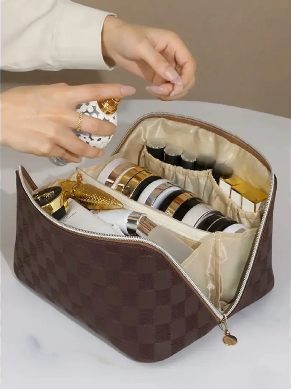 Brown Checkered Cosmetic Train Case | SMB002 - Picture 1 of 3